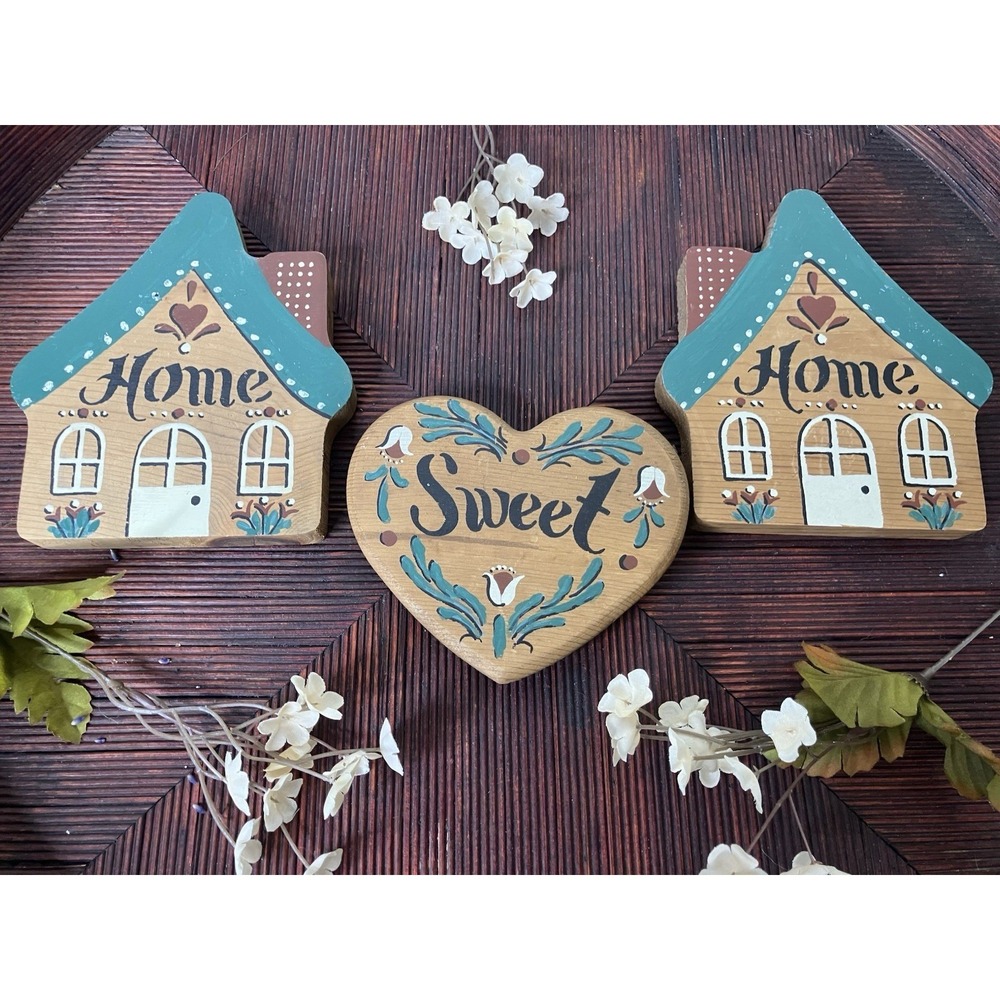 Vintage Home Interior Wooden Green Home Sweet Home House Heart Wall Decor 3 Pcs - Picture 2 of 7